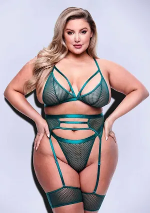 3 Piece Green Strappy Bra, Garter & Panty Set