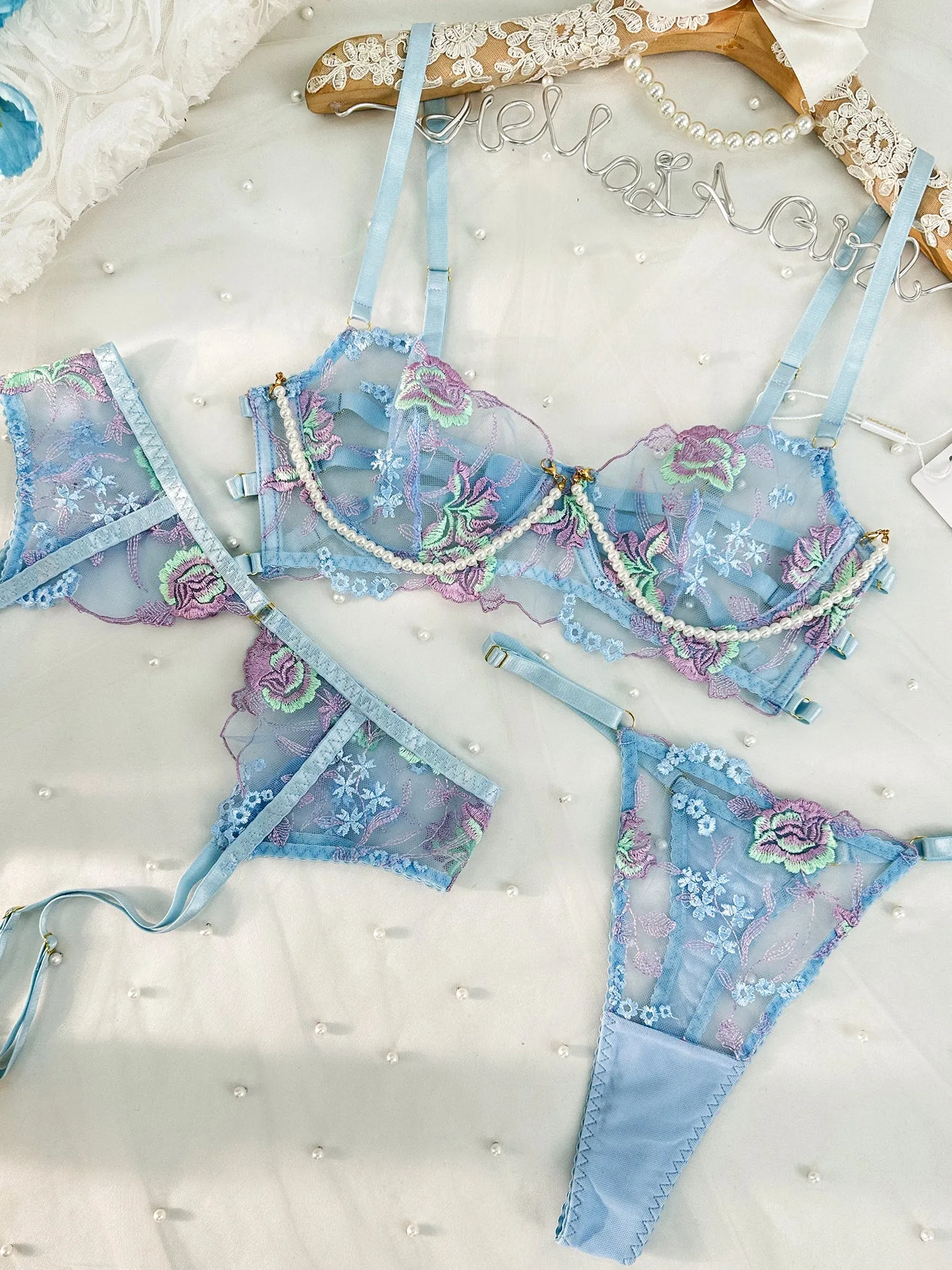 Blue Floral Embroidery Pearl Chain Lingerie Set