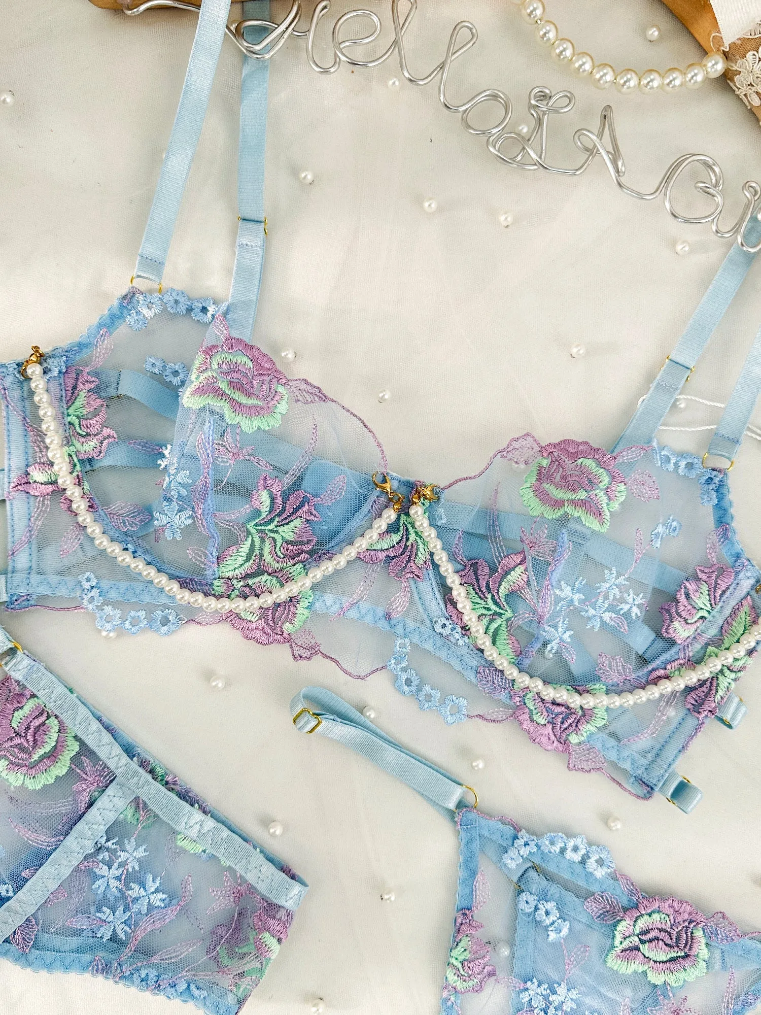 Blue Floral Embroidery Pearl Chain Lingerie Set