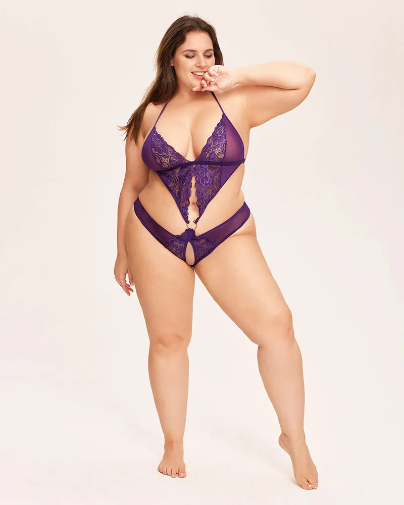 Deep V Lace Teddy Mini Bodysuit-Purple