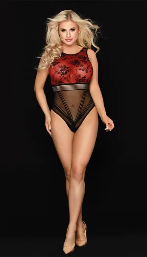 Edgy Sexy Bodysuit with Printed Bustline and Sheer Bottom Details