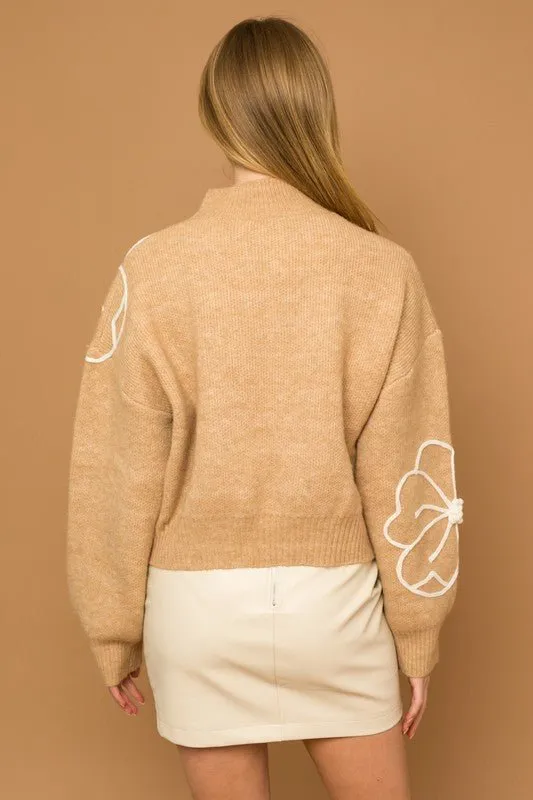 Flower Embroidered Mock Neck Sweater