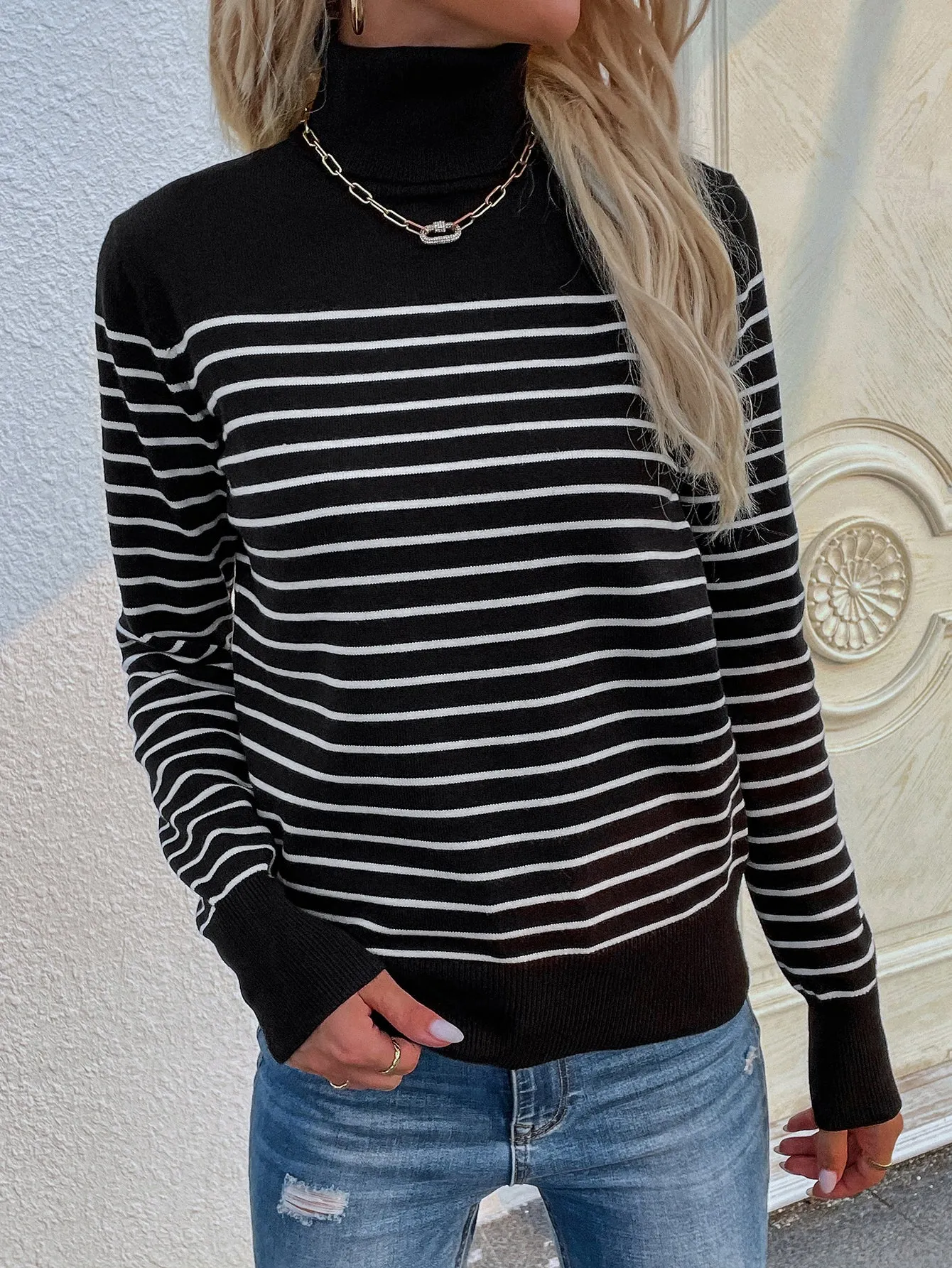 High Neck Striped Pullover Sweater