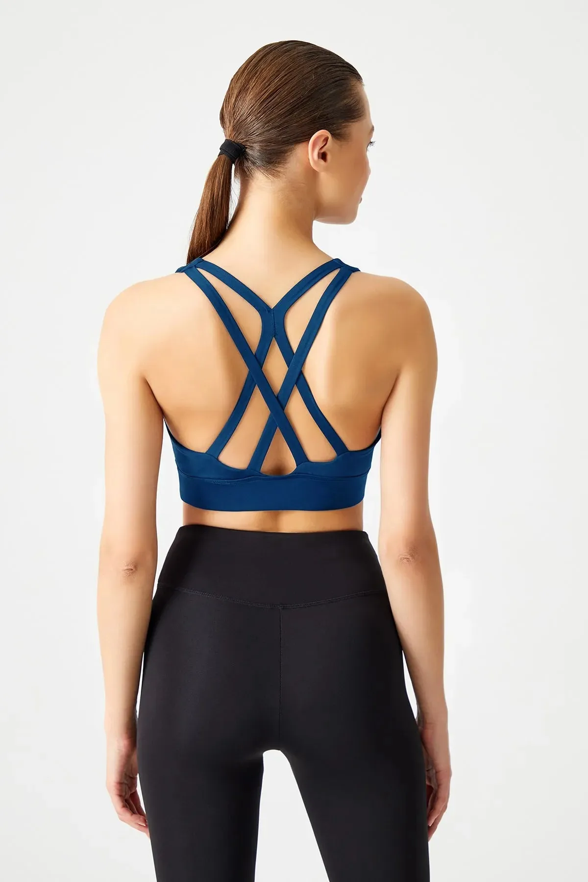 Los Ojos Women's Navy Blue Strappy Back Sports Bra