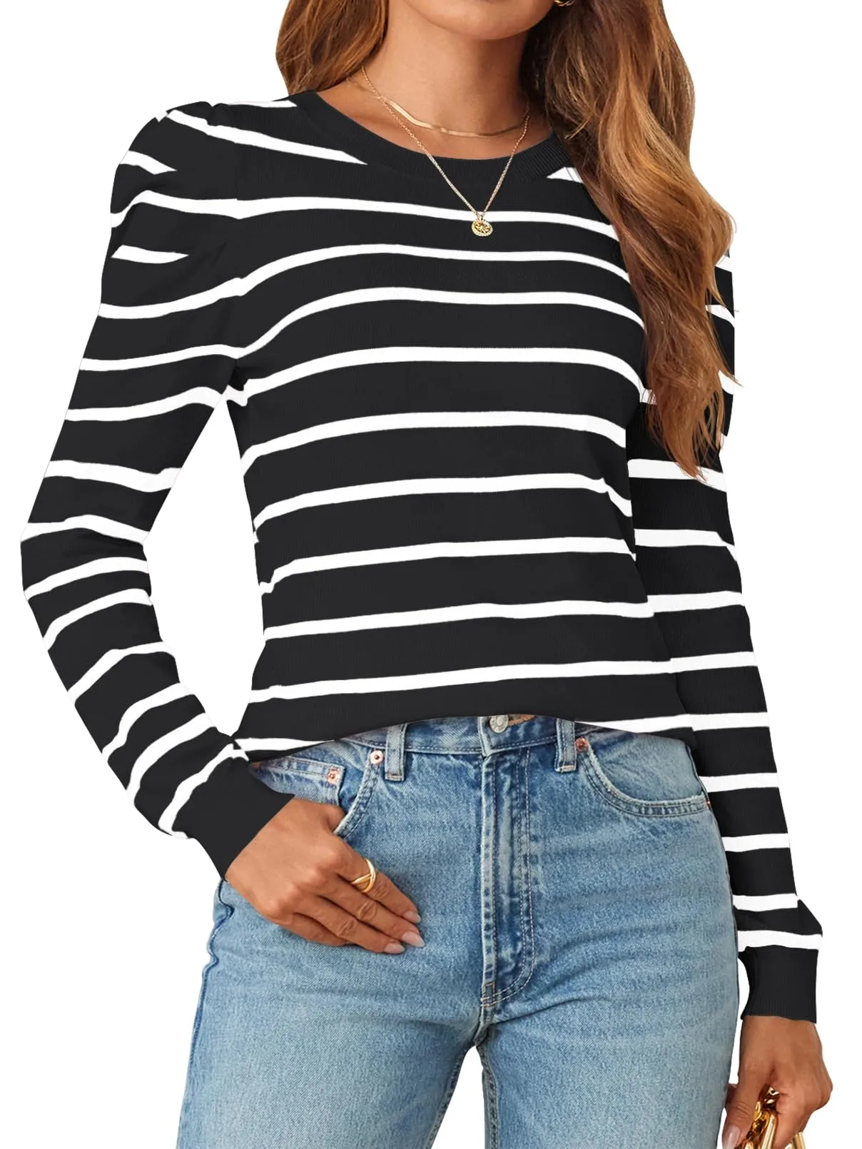 MEROKEETY Women's Striped Long Puff Sleeve Casual Crew Neck Sweaters