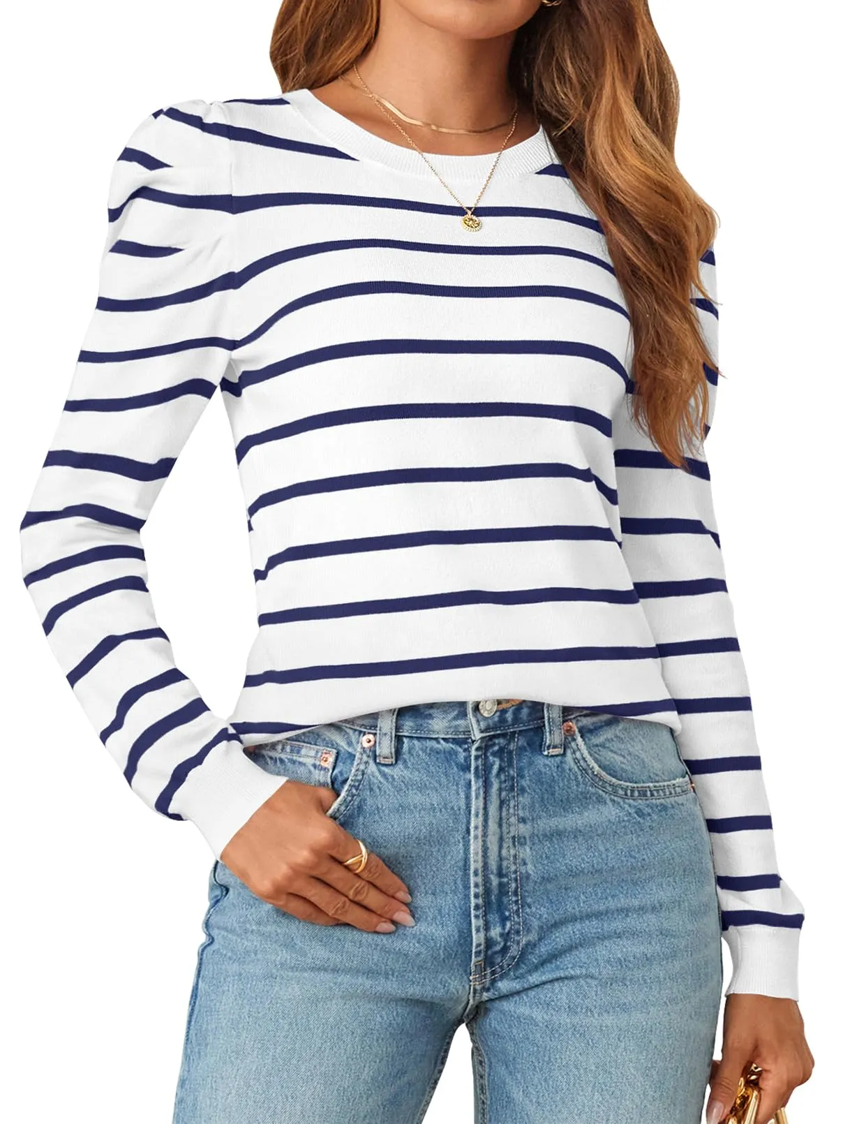 MEROKEETY Women's Striped Long Puff Sleeve Casual Crew Neck Sweaters