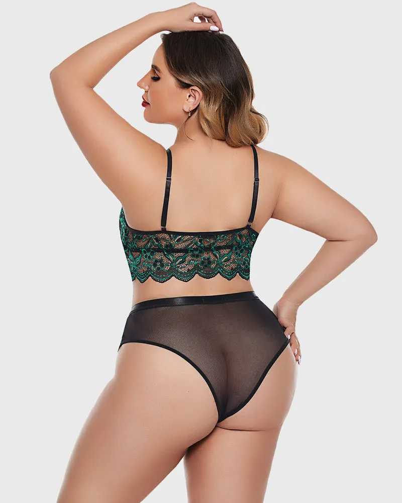 Plus Size Floral Lace Trim Bra High Waist Panties Set