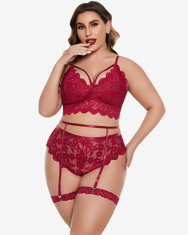 Plus Size Floral Lace Trim Bra High Waist Panties Set