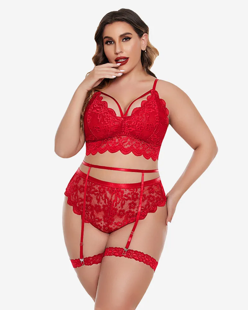 Plus Size Floral Lace Trim Bra High Waist Panties Set