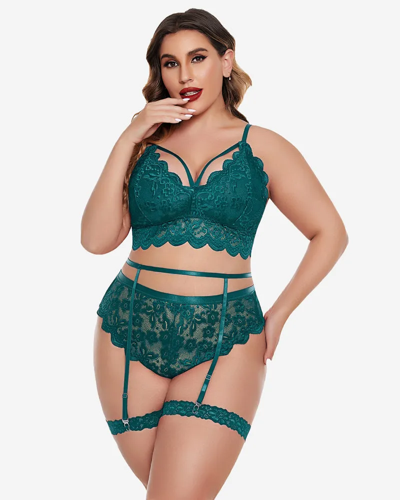 Plus Size Floral Lace Trim Bra High Waist Panties Set