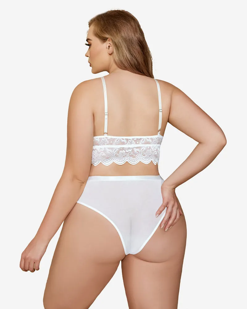 Plus Size Floral Lace Trim Bra High Waist Panties Set