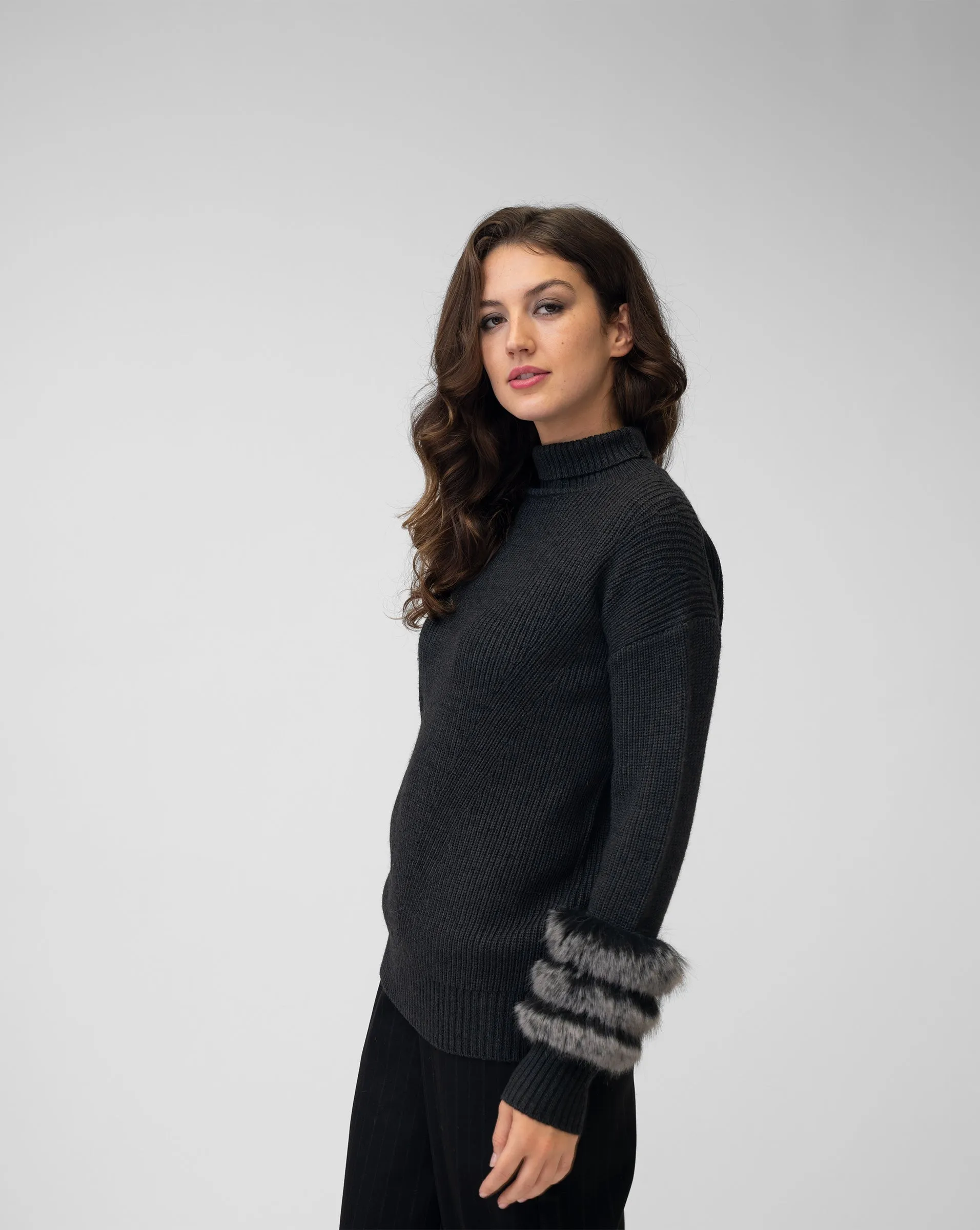 Ribbed Mock Neck Faux Fur Cuff Sweater