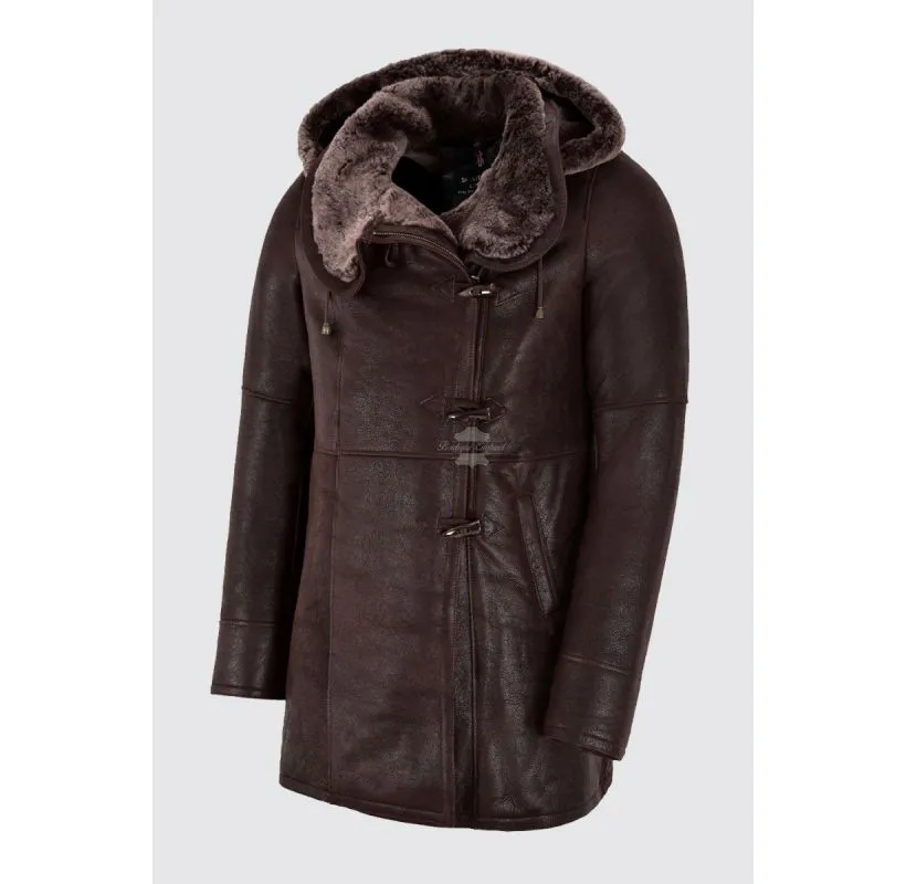 Sheepskin Duffle Coat Ladies Hooded Shearling Fur Winters Duffle Coat