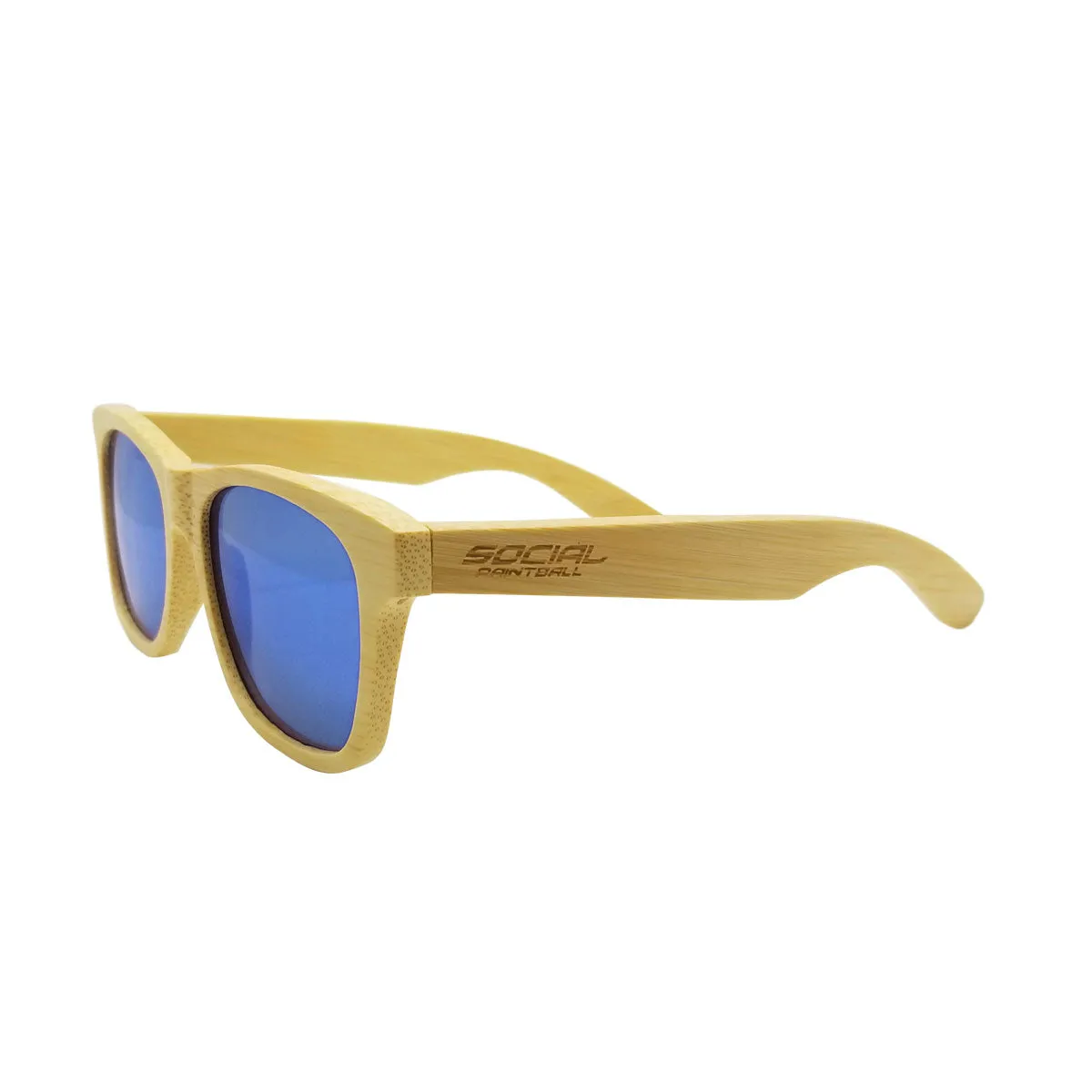 Social Paintball Sunglasses - Bamboo Wood with Blue Mirror Lens