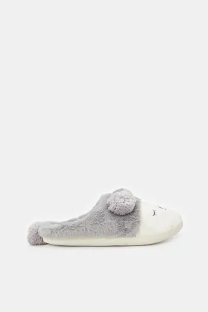 Women Grey Pom Pom Animal Slipper