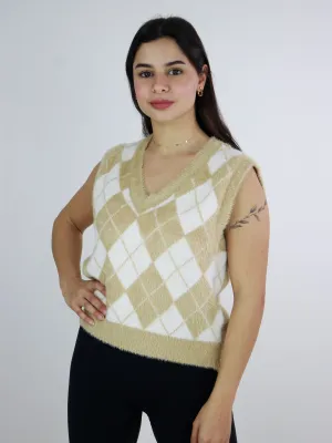 Women's Soft Argyle Preppy  Sweater Vest,Beige